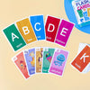 A set of colorful flash cards featuring letters A through E and animals like apple, bee, cat, duck, and elephant.