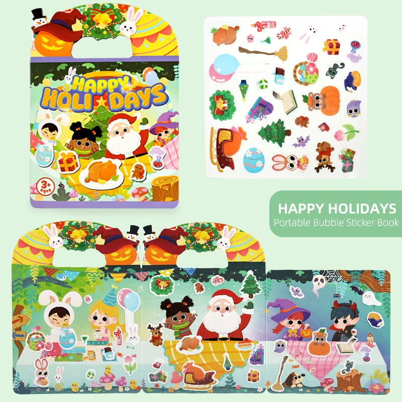 A colorful portable bubble sticker book featuring holiday and cute characters for children.