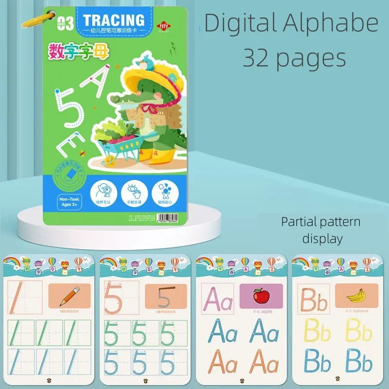 A digital alphabet tracing workbook with 32 pages showing letters and numbers for kids