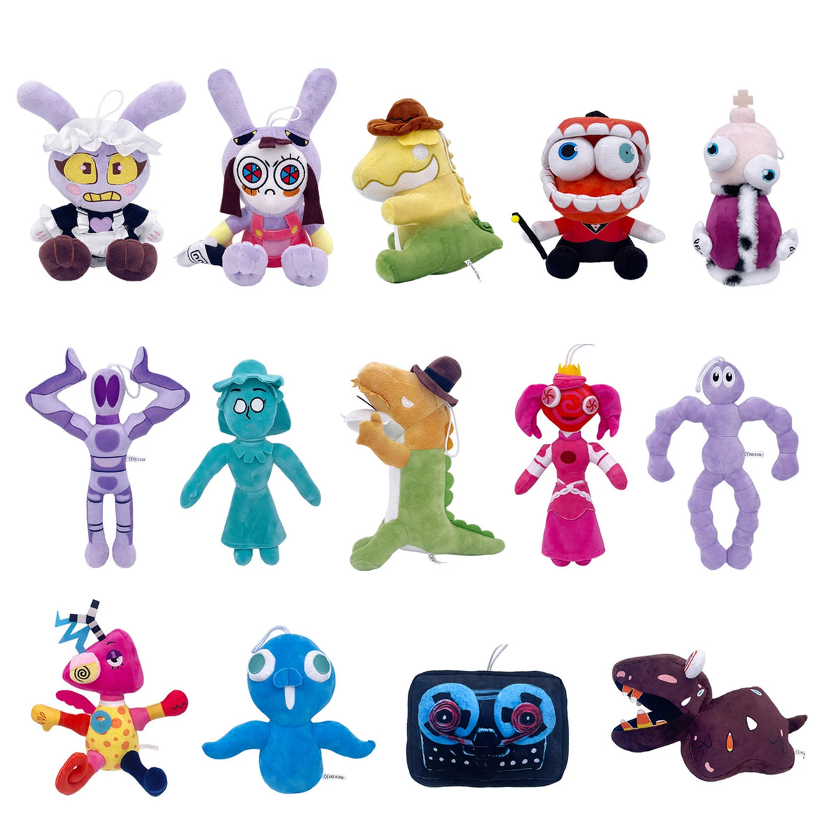 A collection of various plush toys and stuffed dolls featuring characters from The Amazing Digital Circus.