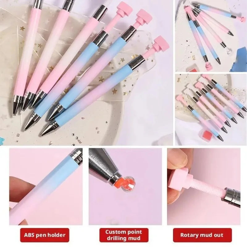 A set of refillable gradient diamond picking pens with rotating wax tips shown in various shades of pink and blue.