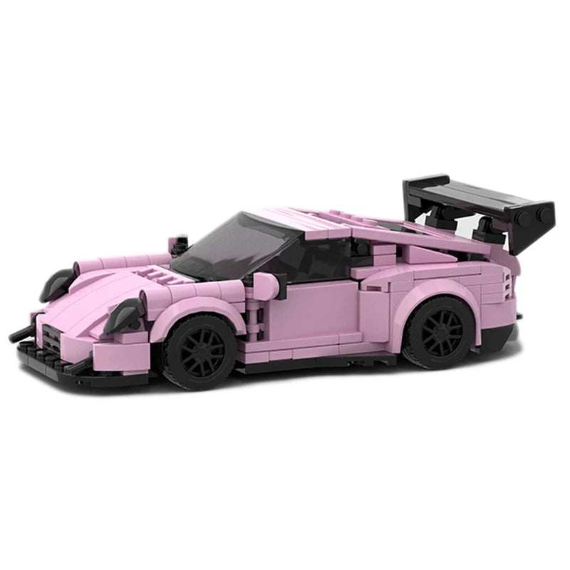 A pink classic rally car building block set with a black roof and wheels.