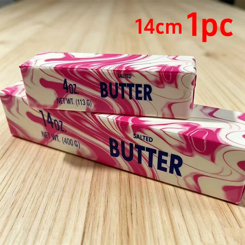 A package of salted butter squishy toys in pink and white marbled designs.