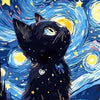 A black cat looking up at a starry night sky with a yellow moon, part of a DIY paint by numbers kit.