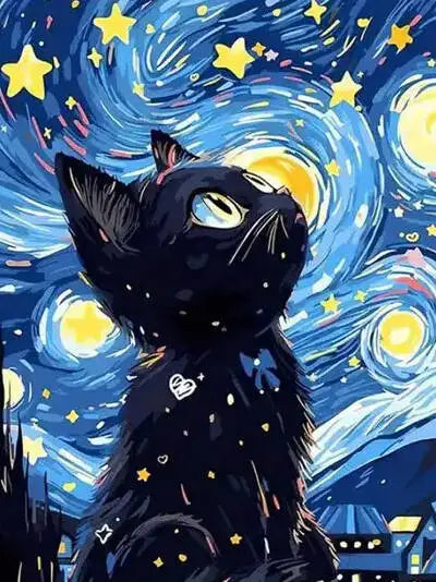 A black cat looking up at a starry night sky with a yellow moon, part of a DIY paint by numbers kit.