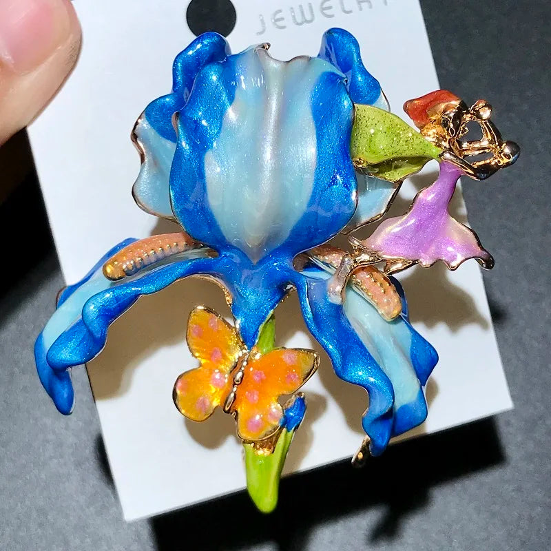 Vintage Pomegranate Flower Brooch with Rhinestone Accents