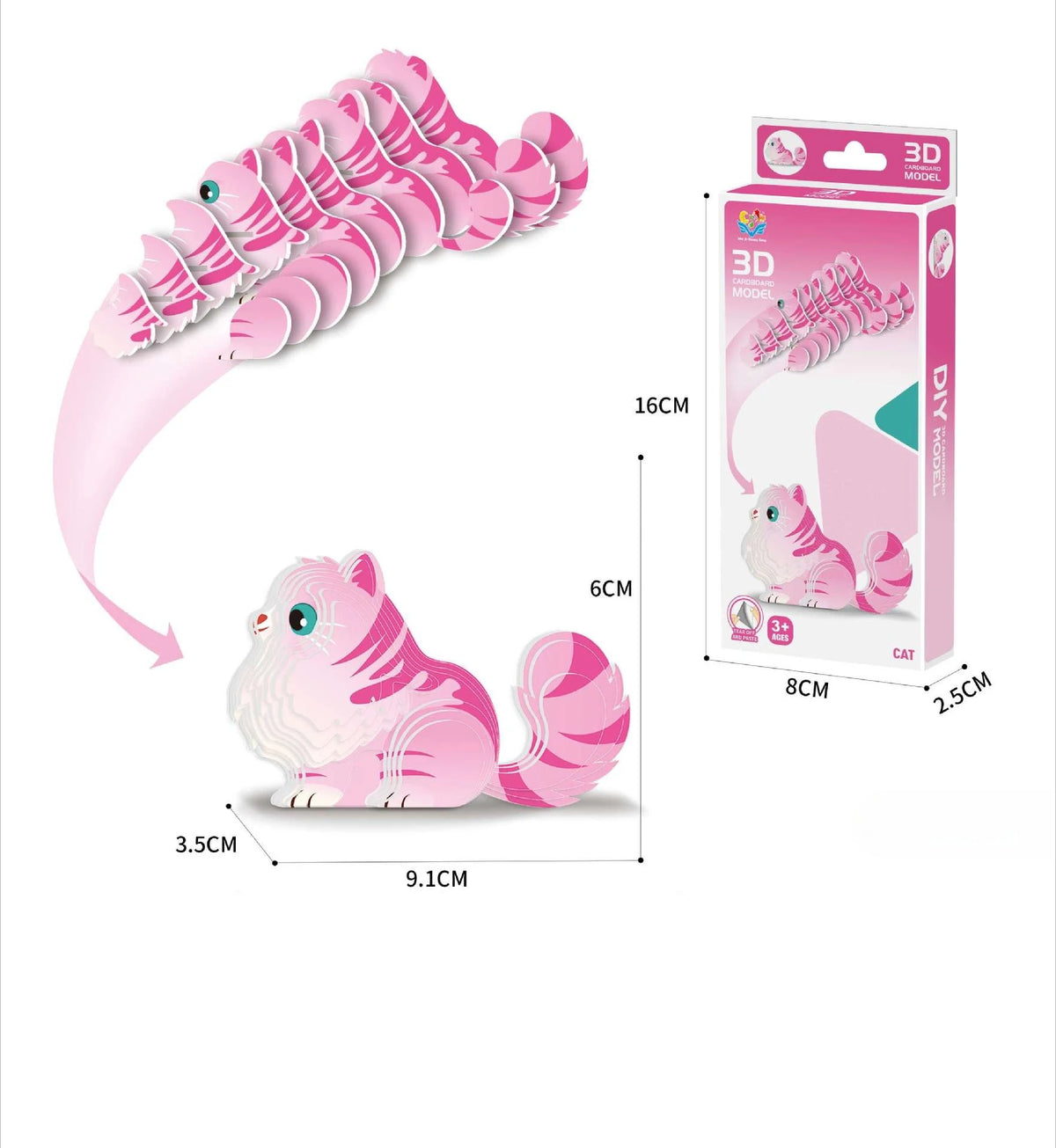 Pink 3D paper animal puzzle set featuring a cute cat model with an accompanying box.