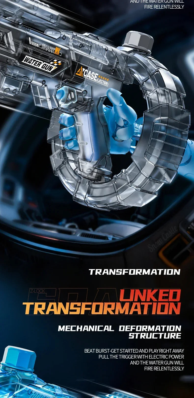A close-up of a mechanical transformation featuring an LED electric water gun and a circular armor structure.