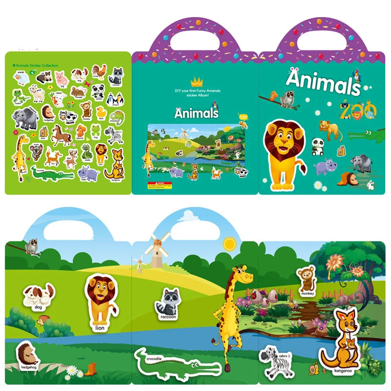 A colorful sticker book featuring various animals in different scenes for kids