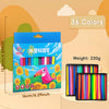A box of 36 washable non-toxic crayons with ergonomic triangular grips is shown next to a set of colored crayons.