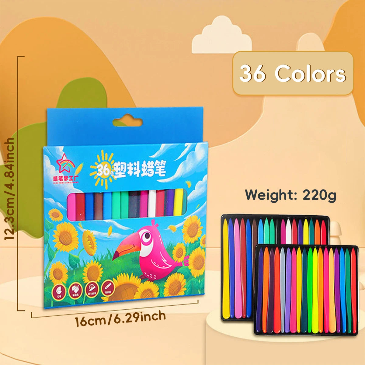 A box of 36 washable non-toxic crayons with ergonomic triangular grips is shown next to a set of colored crayons.