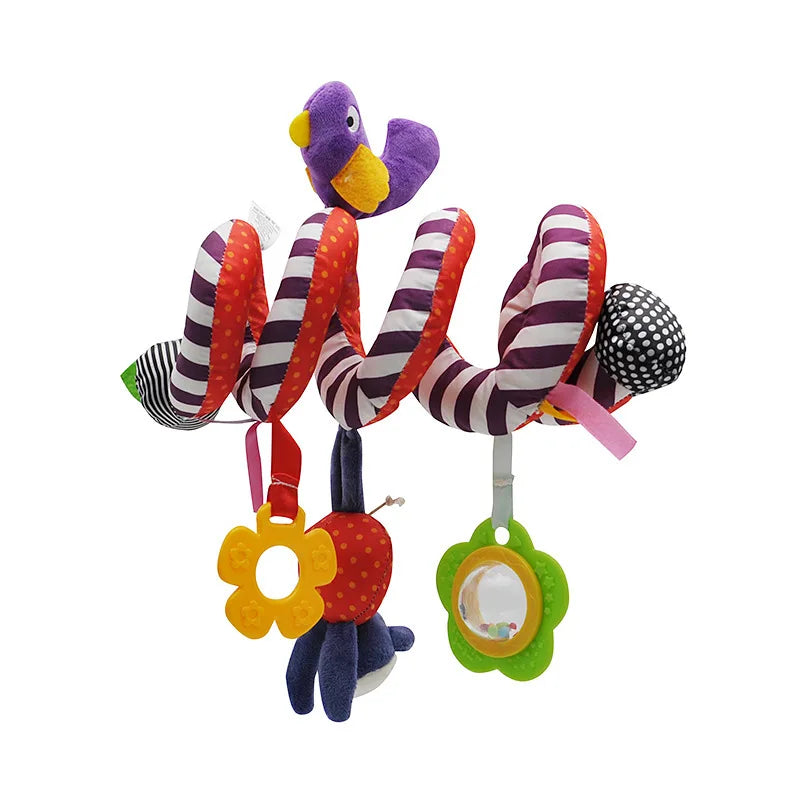 Ensemble de hochet miroir violet et orange avec un jouet à l'aspect oiseau à tissu rayé et miroir vert.