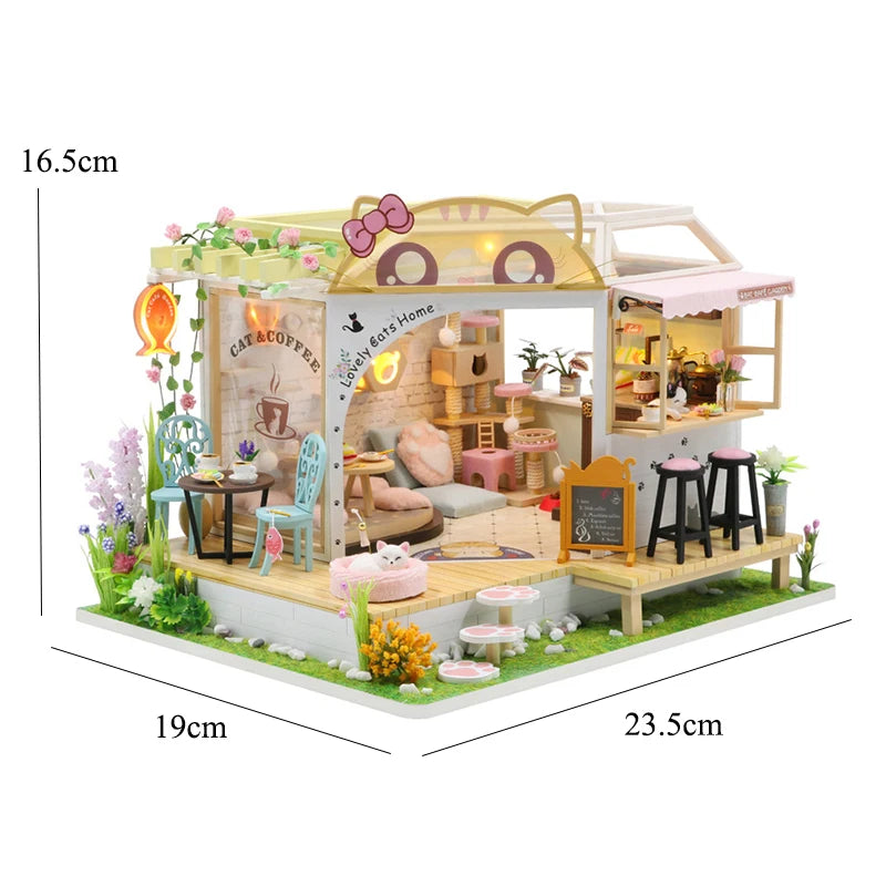 Wooden Dollhouse Kit with Furniture and Lighting