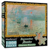 A box of a 1000-piece jigsaw puzzle depicting a misty landscape with a red sun reflecting on the water.
