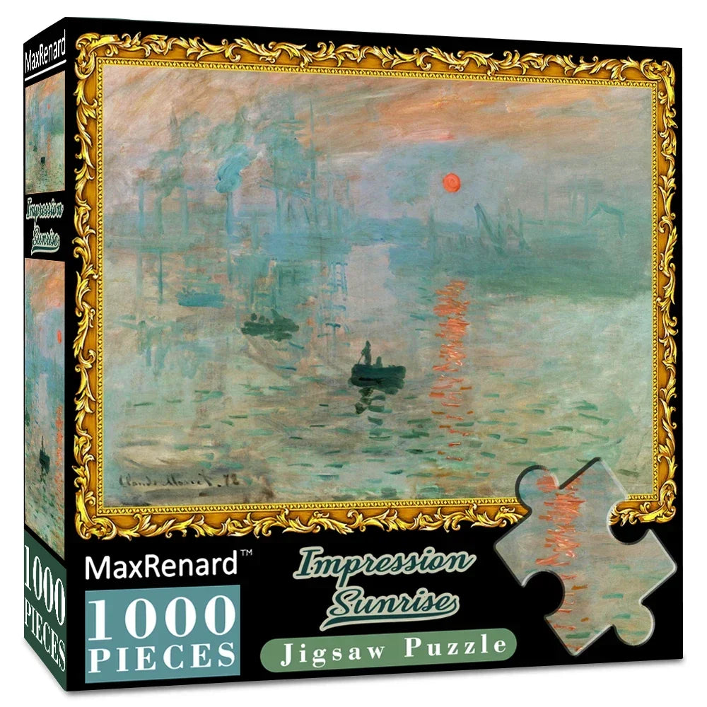 A box of a 1000-piece jigsaw puzzle depicting a misty landscape with a red sun reflecting on the water.
