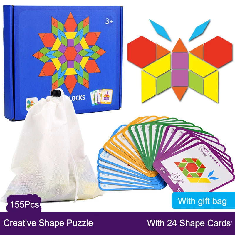 155-Piece Wooden Jigsaw Puzzle Set for Kids – Colorful Montessori Geometric Shapes Learning Toy