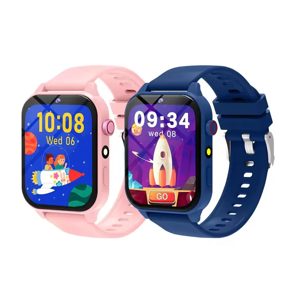A pink kids smart watch with a blue strap displaying a digital clock and game interface.