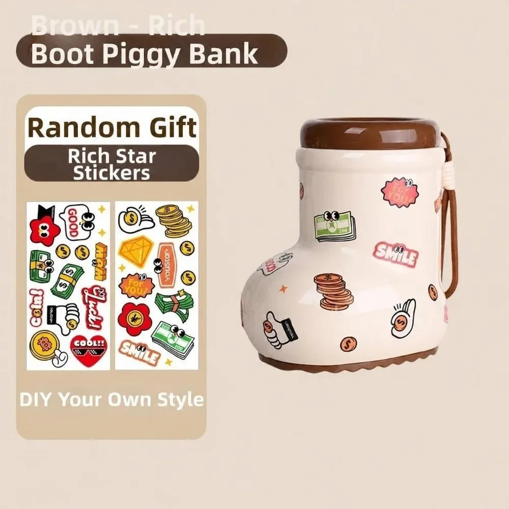 Brown Rich Boot Piggy Bank with random star stickers and a lock and key.