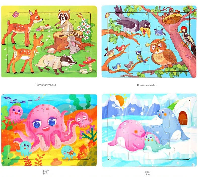 Wooden Animal Jigsaw Puzzles for Toddlers (Set of 12)