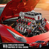 Simulation design of a V8 engine inspired by a real engine, shown in an open red sports car hood.