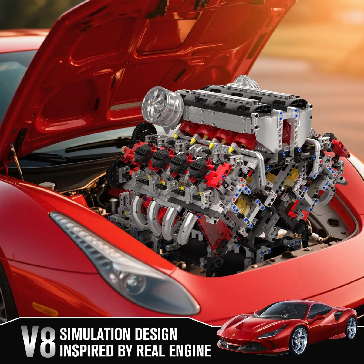 Simulation design of a V8 engine inspired by a real engine, shown in an open red sports car hood.