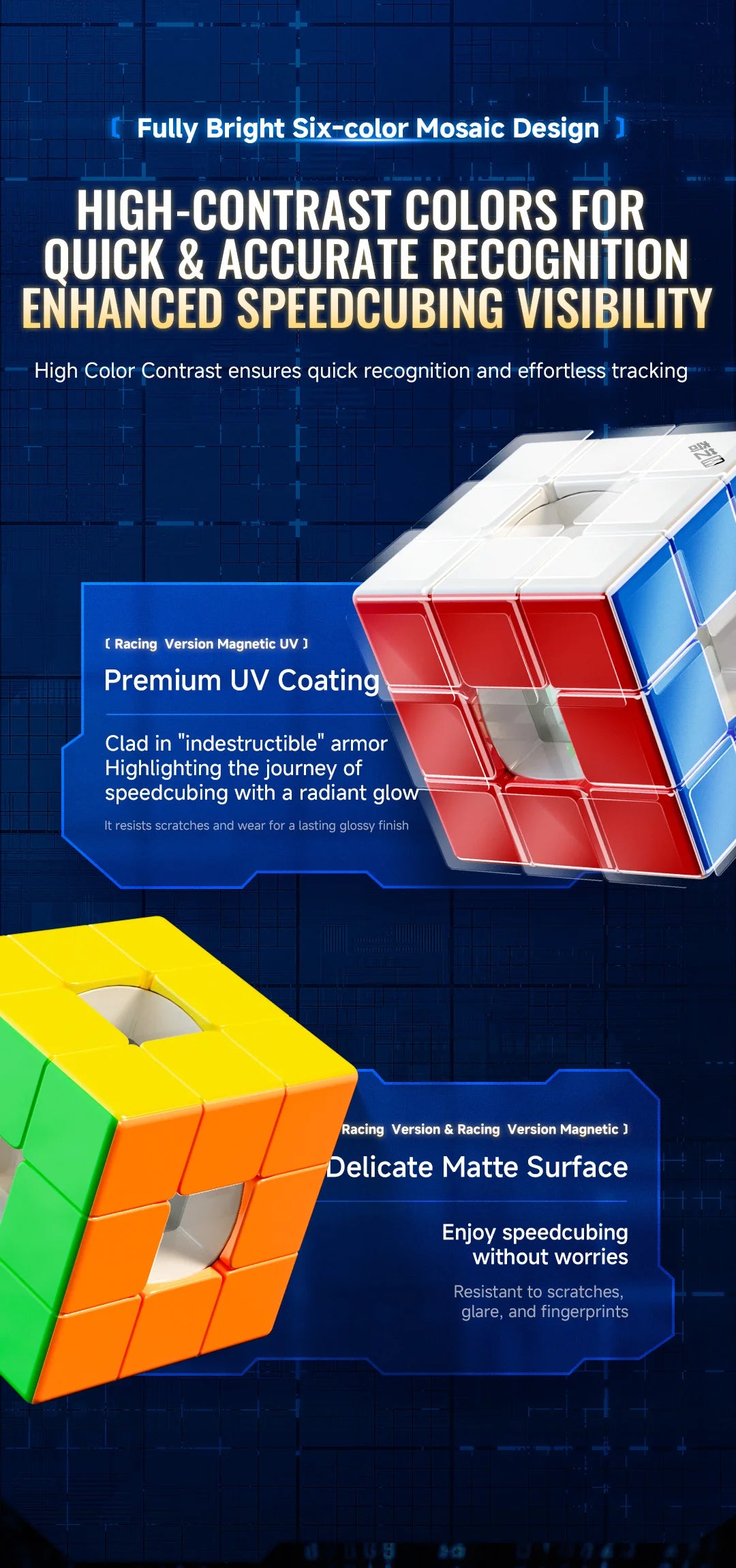 A close-up view of a six-color mosaic design for a speedcubing puzzle featuring premium UV coating and a matte surface.