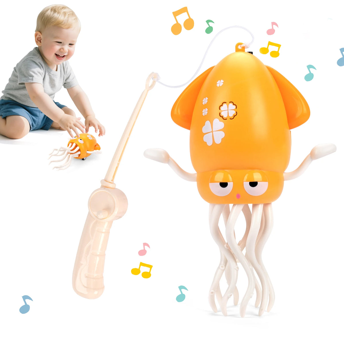 Un jouet de calmar orange interactif et dansant avec des tentacules et un long bâton à côté d'un bambin souriant.