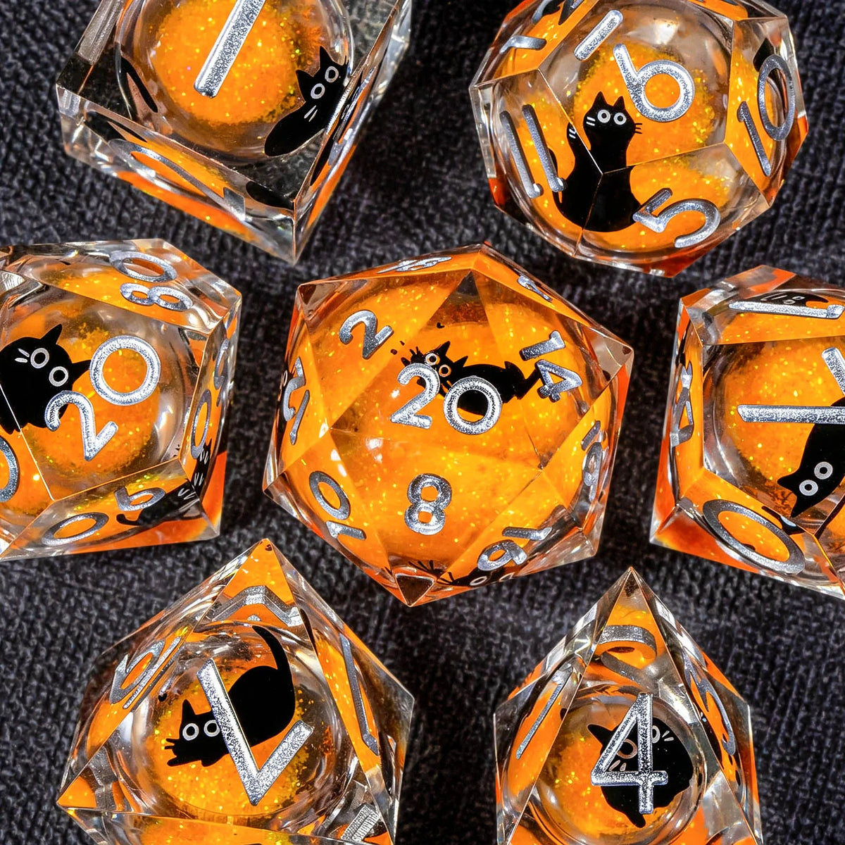 Cat Liquid Core Polyhedral Dice Set with Sharp Edges