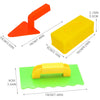 A set of three plastic molds in orange, yellow, and green for making sand and snow bricks.