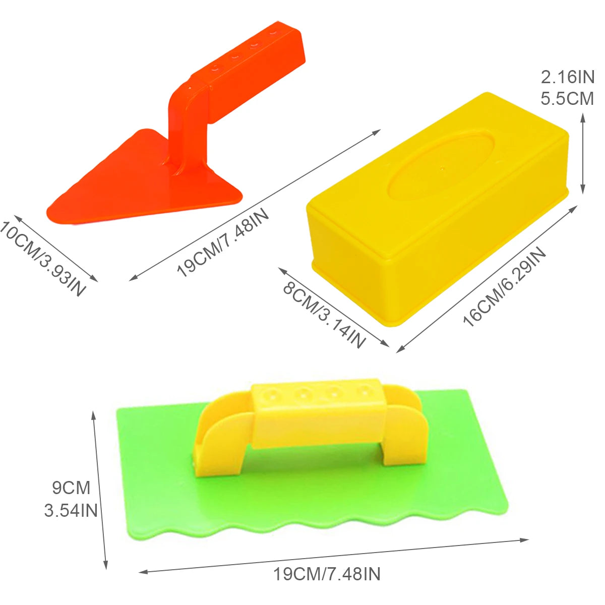 A set of three plastic molds in orange, yellow, and green for making sand and snow bricks.