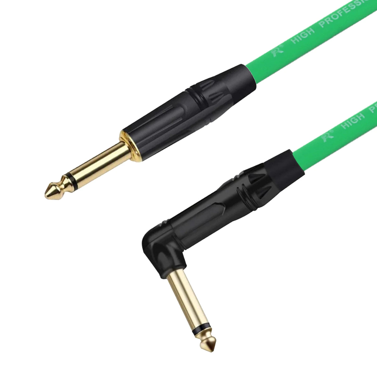 A close-up view of a green instrument guitar cable with a right-angle connector and black insulation.