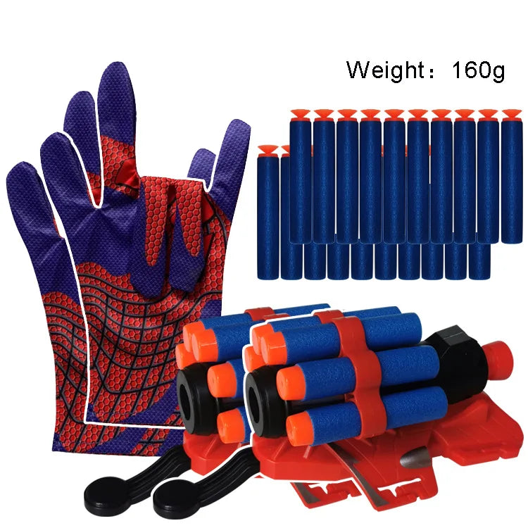 A set of superhero web shooter gloves and a red foam blaster toy.
