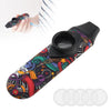 An adjustable tone kazoo with a lanyard is shown, featuring vibrant colors and a decorative design.