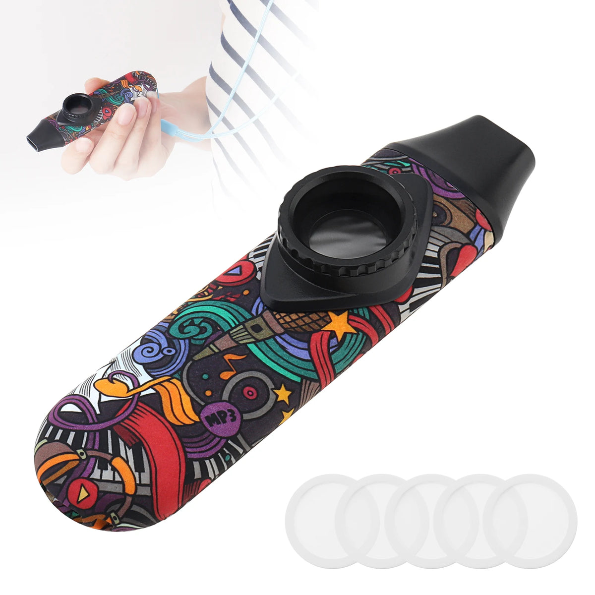 An adjustable tone kazoo with a lanyard is shown, featuring vibrant colors and a decorative design.
