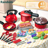 A colorful kids play kitchen cooking set featuring red pots, pans, and various food items on a checkered tablecloth.