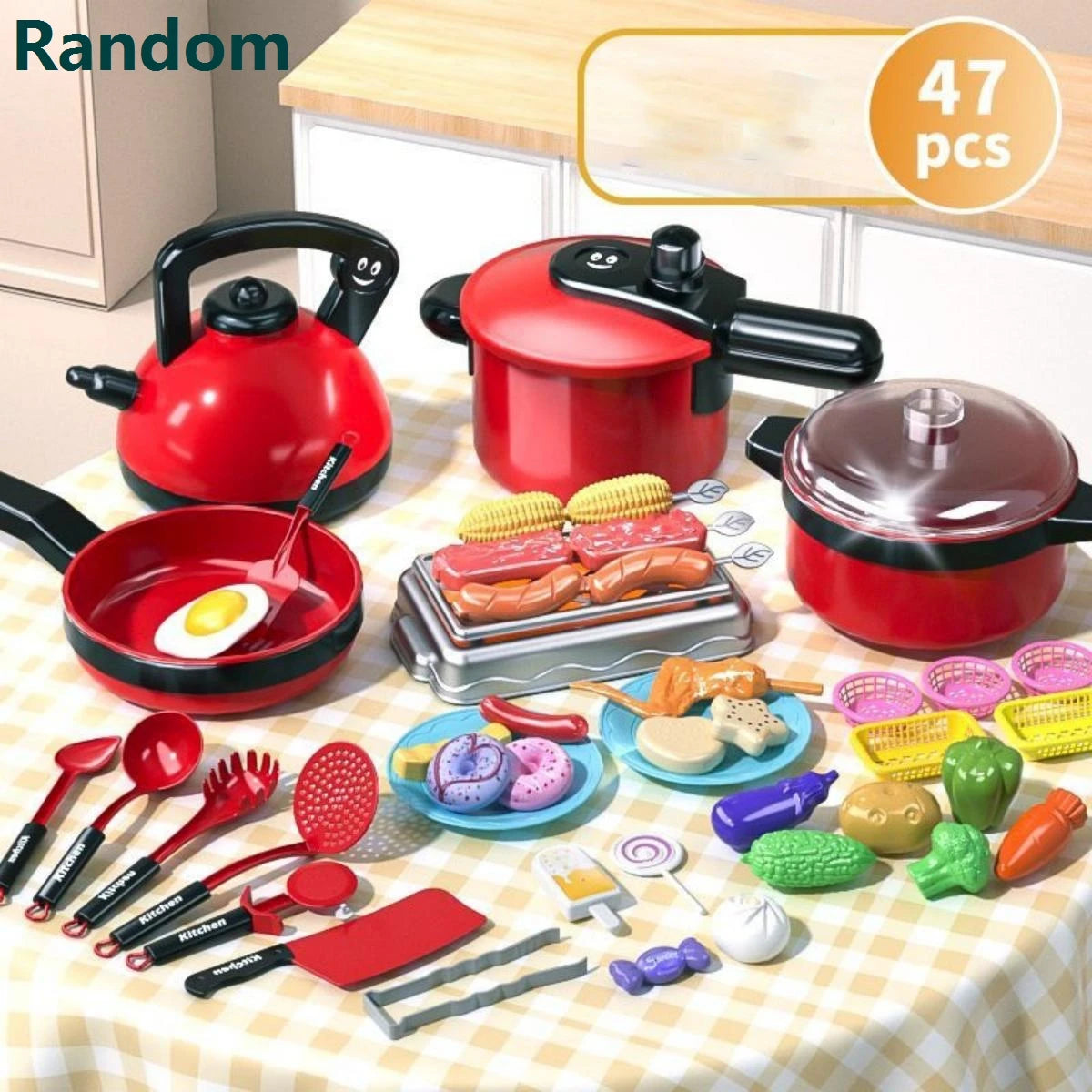 A colorful kids play kitchen cooking set featuring red pots, pans, and various food items on a checkered tablecloth.