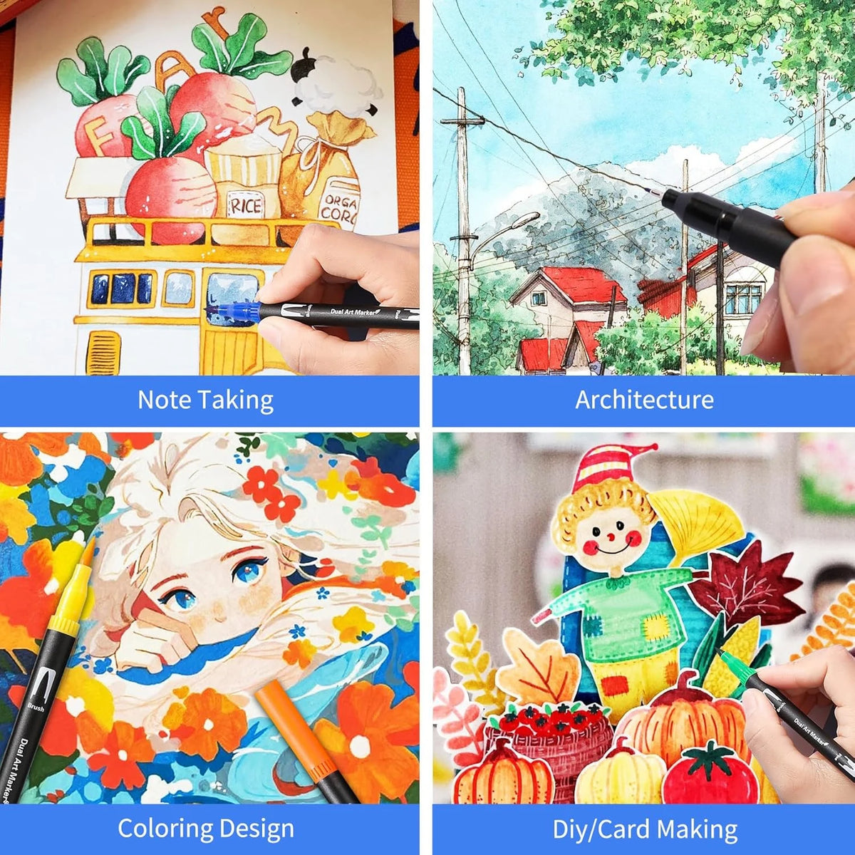 Four panels showing note taking, architecture, coloring design, and DIY card making with art markers.