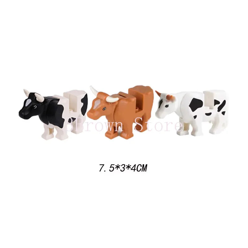 A set of six African wildlife animal building blocks featuring black and white cow, brown, and white animals.