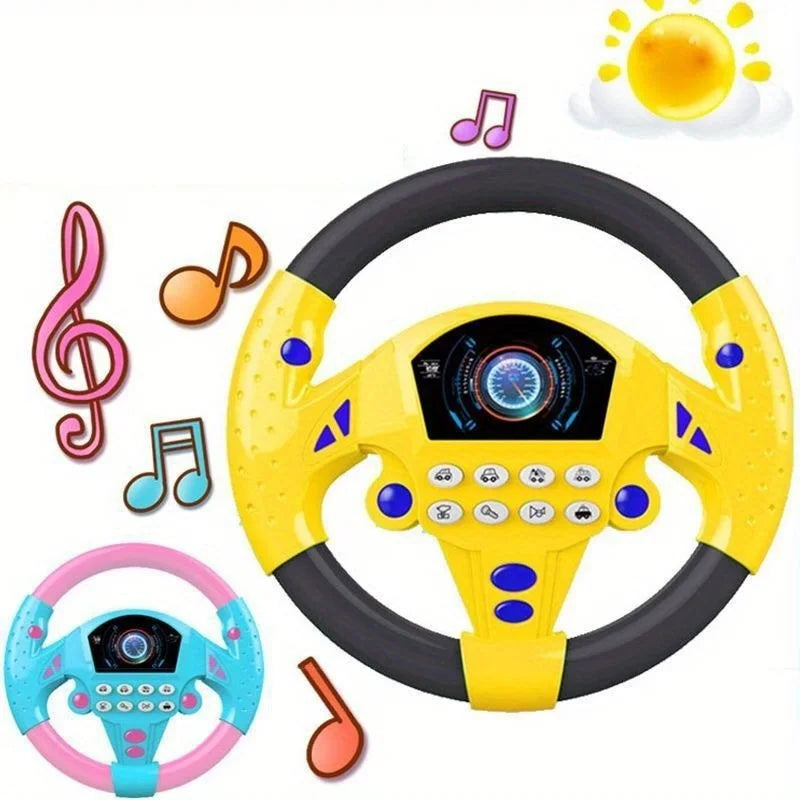 A yellow interactive steering wheel toy with various musical notes and controls, alongside a pink steering wheel.