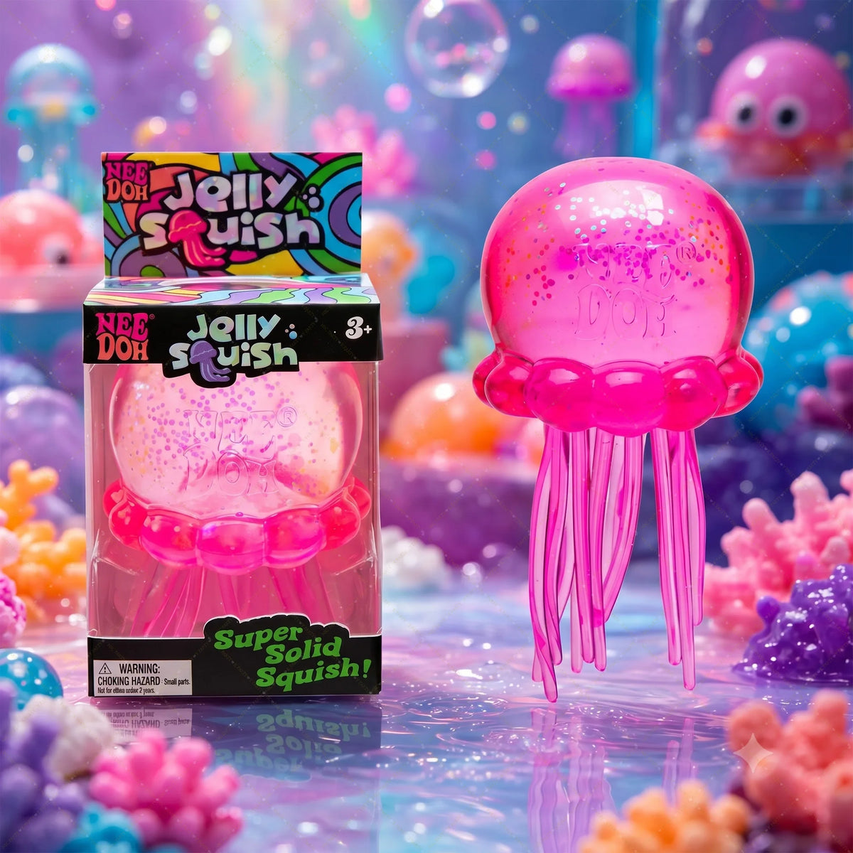A pink Jelly Squish toy is displayed in a box, surrounded by colorful squishy toys and iridescent background elements.