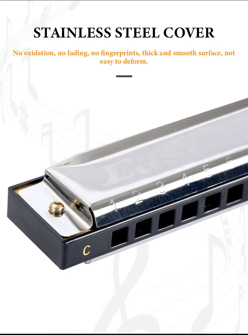 Stainless steel cover for a 10-hole diatonic harmonica in C, showing the metal surface and harmonica body.