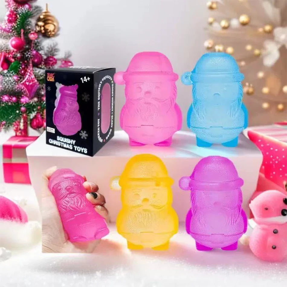 A collection of pink, purple, and blue squishy toys shaped like Santa figures and snowmen on a white surface.