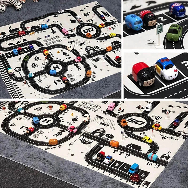 A play mat featuring a city road map design with various miniature cars and a Go race track.