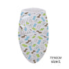 A white cotton newborn swaddle blanket featuring a pattern of various cute dinosaur and animal figures in blue, green, and br