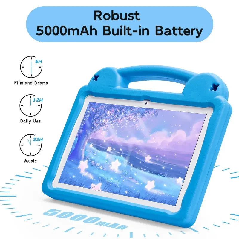 A blue tablet featuring a 5000mAh built-in battery and various usage times displayed on the screen.