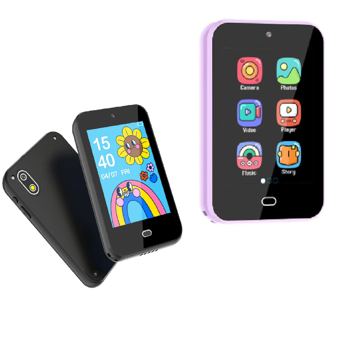 A black smartphone with a purple back casing displaying various app icons like Camera, Photos, Video, Player, Music, and Stor