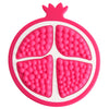 A pink silicone baby teether set shaped like fruit and vegetable pieces for soothing gums