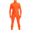 Full body orange spandex morph suit with a mustache and eyebrows