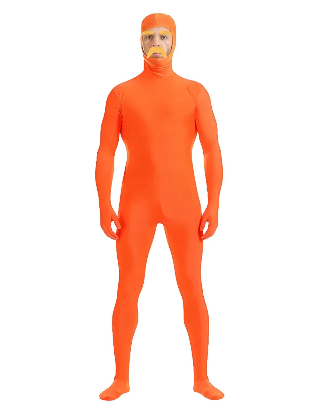 Full body orange spandex morph suit with a mustache and eyebrows