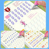 A set of reusable magic copybooks showing various early writing skills exercises like drawing numbers and letters.